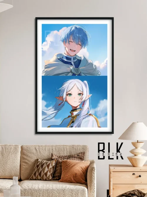 "Frieren Himmel painting: Elegant portrait of Himmel's iconic smile, vibrant colors, and fine detail. Premium Epson print, brushed aluminum frame."