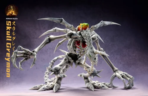 "SkullGreymon resin statue close-ups: premium cybernetic skeletal design, glowing LED eyes, and intricate details showcased from various angles."