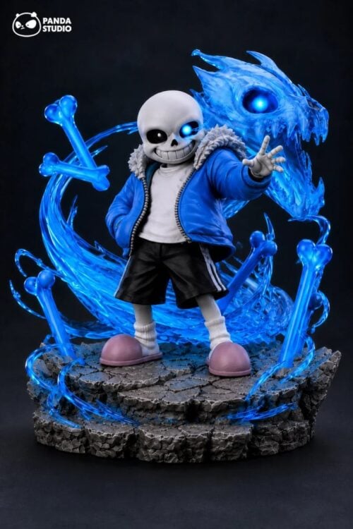 "Dynamic Undertale Sans figure with glowing LED eyes, a powerful dragon, and an intricate dark fantasy base. Premium limited edition collectible."