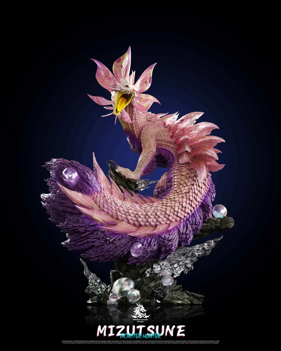 "Limited edition, high-detail Monster Hunter Mizutsune resin statue, featuring vibrant wyvern details from all angles."