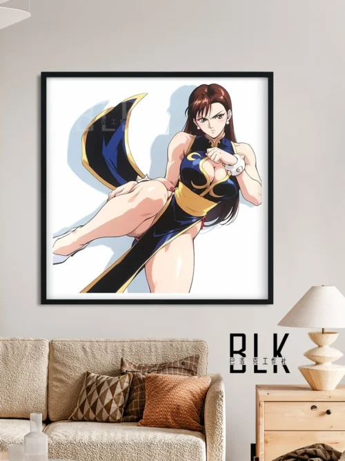 "Baroque-inspired Street Fighter Chun-Li decorative painting detail. Vibrant colors, bold lines, and intense artistic style define this captivating."