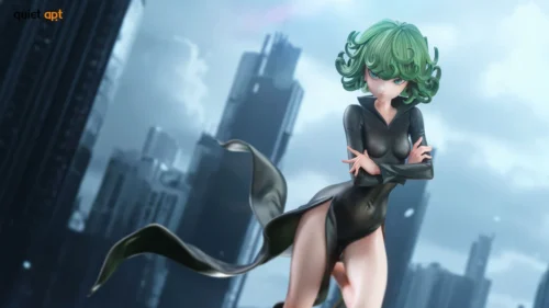 "Premium 1/6 Tatsumaki One-Punch Man resin statue, QuietArt Studio. Gallery highlights dynamic psychic power, elegant pose, intricate details."