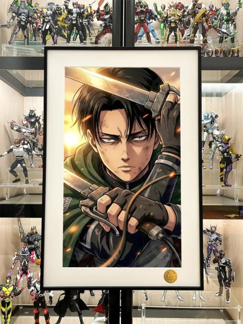 "Dynamic limited edition Levi "Firelight Captain" Attack on Titan print, highlighting artistic details of Levi Ackerman in a fiery glow against."