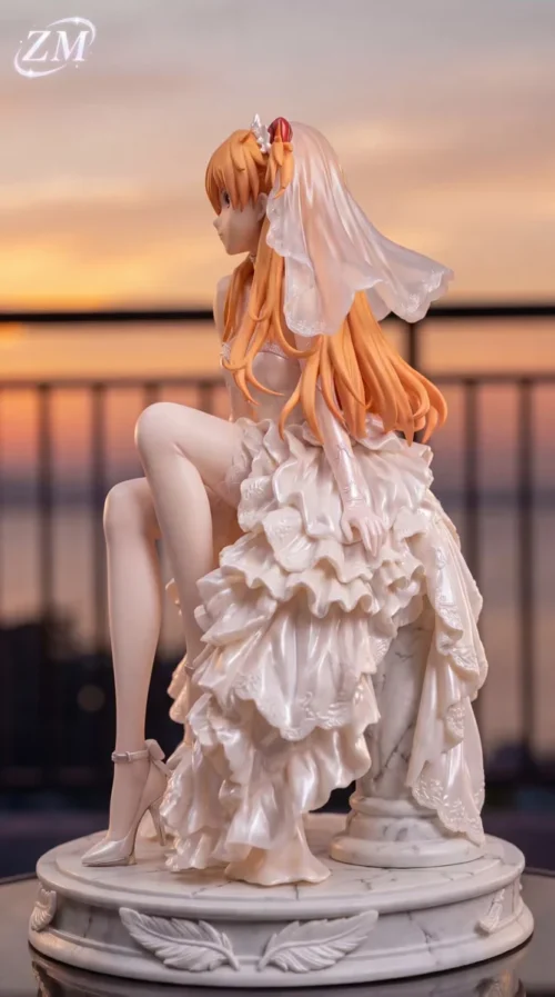 "Detailed view of the 1/6 Limited Edition Wedding Asuka Resin Statue, showcasing her elegant white gown, flowing veil, and delicate bouquet."