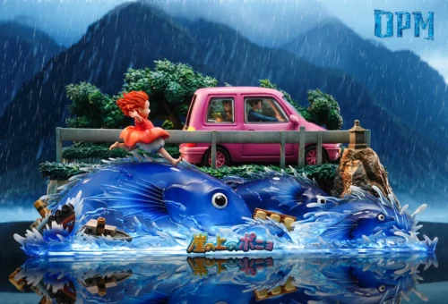 "Stunning OPM-Studio Ponyo and Sosuke LED resin diorama, a vibrant coastal scene with intricate details and luminous effects."