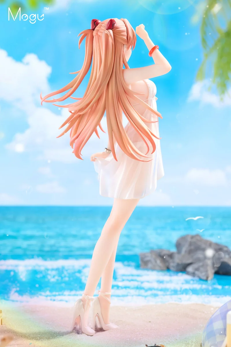 "Premium 1/6 Asuka Evangelion statue by Mogu Studio, captured from dynamic angles, highlighting detailed sculpting of her iconic red plugsuit."