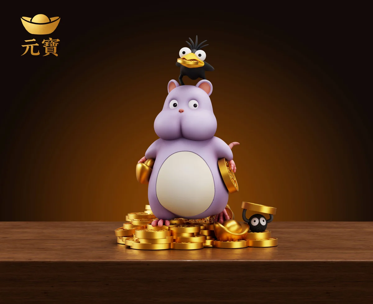 "Auspicious Rat Statue gallery: charming, chubby rat babies with wealth symbols, various angles. Highlights premium resin, intricate details."