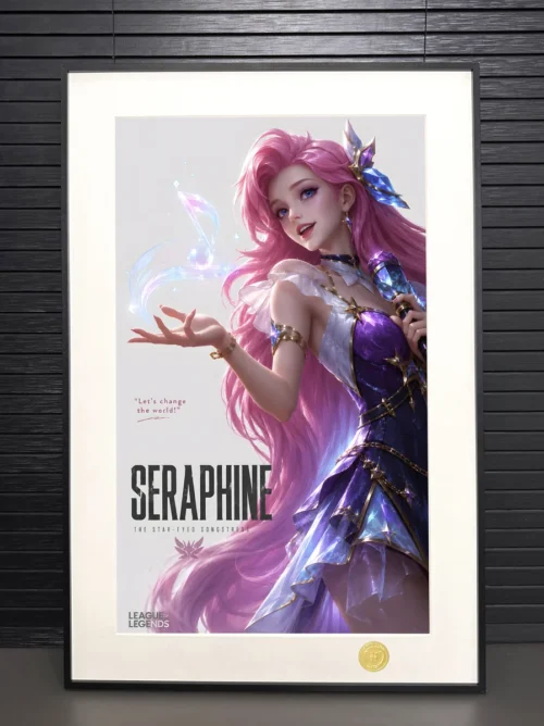 "Limited edition Seraphine decorative painting by H-TWO Studio. Gallery reveals vibrant League of Legends art print, sleek black frame."