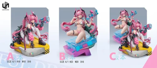 "Yvonne Twin-Tail Water Gun Girl 1/6 anime statue. Dynamic pose highlights premium dual-pose display with interchangeable casual and swimsuit outfits."