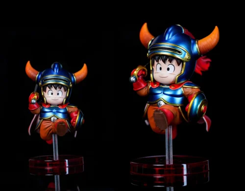 "Main image: Playful chibi Son Goku in iconic Dragon Quest warrior armor, highlighting the unique Dragon Ball Z crossover collectible figure."