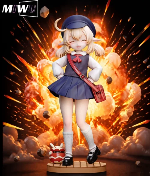 "Dynamic Genshin Impact Klee figure in her exclusive school uniform by Miwu Studio, crafted from premium anti-oxidation PU."