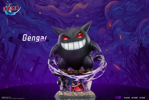 "Mischievous Gengar LED Pokémon resin statue, showcasing a luminous evolutionary base. A premium and exclusive display of Gengar's spectral power."