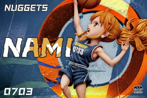 "Playful chibi Nami One Piece figure in vibrant Denver Nuggets uniform, showcasing this exclusive NBA crossover collectible."