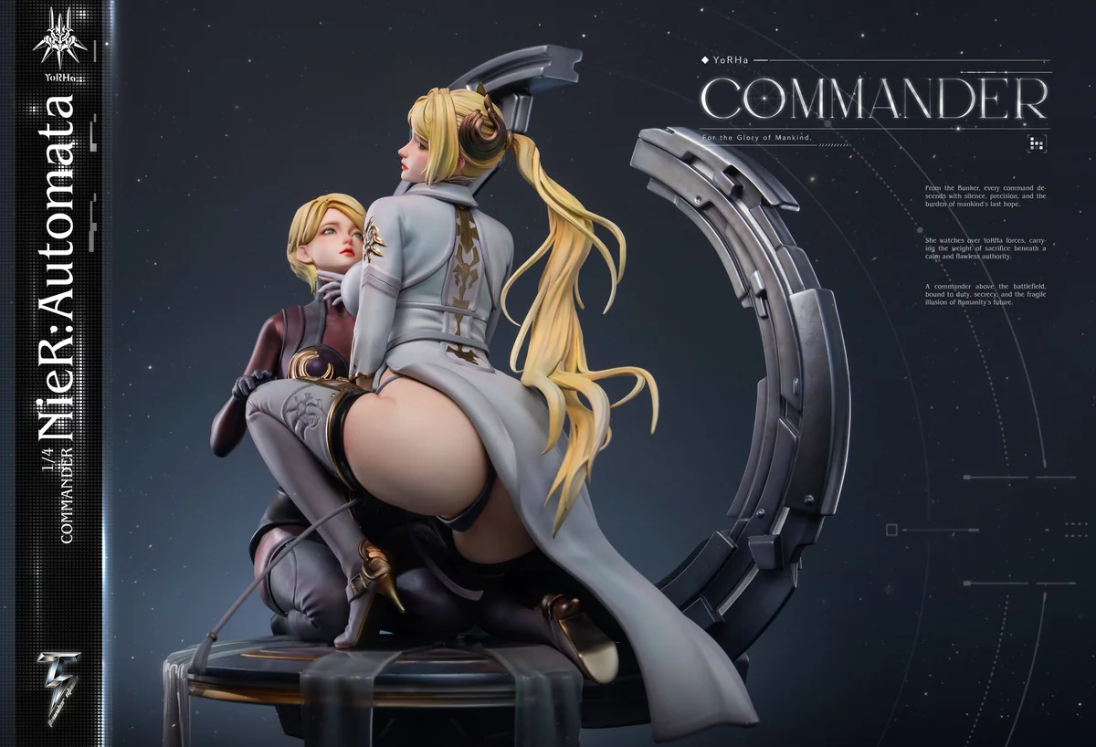 "Premium limited edition 1/4 scale NieR Automata Commander & Attendant resin statue, a dynamic high-end dual figure set with intricate sci-fi detail."