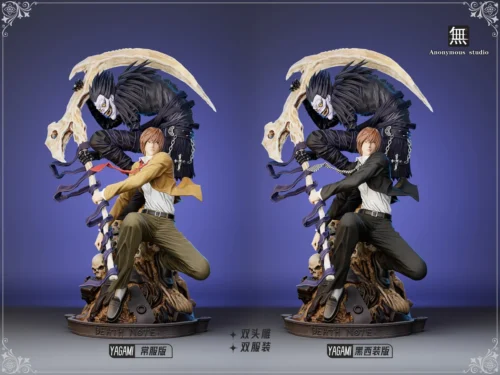 "Premium Death Note statue depicting Light Yagami and Ryuk's dramatic encounter, featuring Light's impressive dual head sculpts."