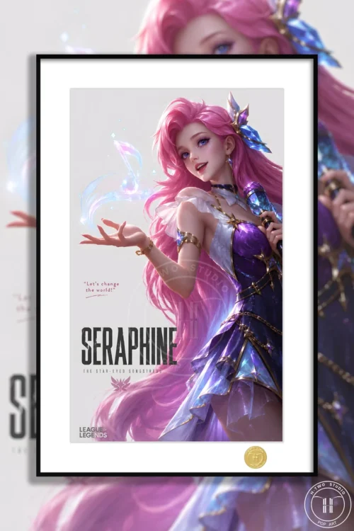 "Vibrant Seraphine League of Legends limited edition art print by H-TWO Studio, showcasing the popular character in a sleek black frame."