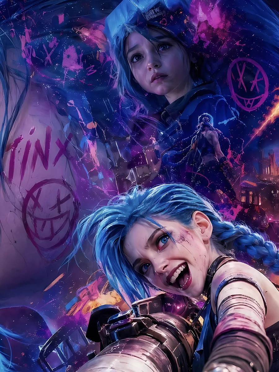 "Gallery of the exclusive, hand-numbered League of Legends Jinx Cosmic Starry Night decorative painting, showcasing dynamic Jinx art."