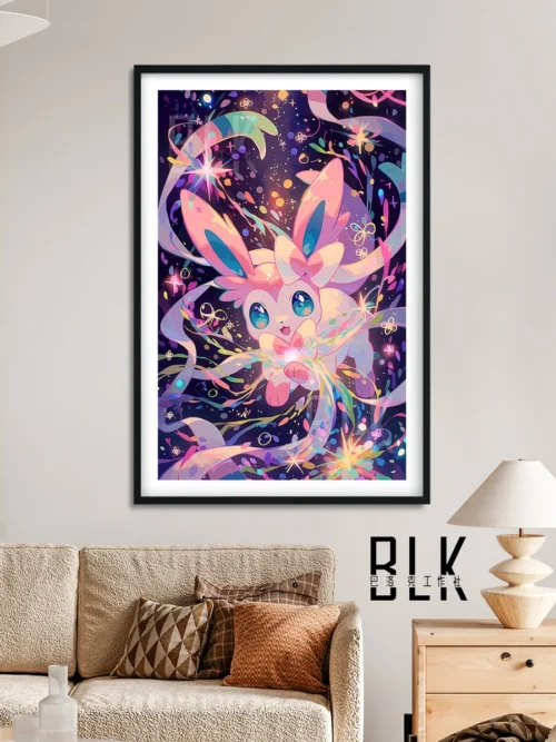 "Baroque Sylveon art, close-up view, displaying the gracefully depicted Sylveon and ornate classical frame. Highlights vivid artistic detail."