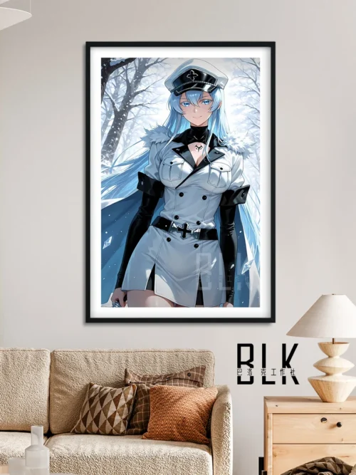 "Detailed view of the luxurious framed Akame ga Kill Esdeath painting, featuring its baroque frame and high-definition forest print."