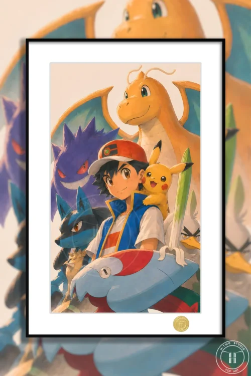 "Dynamic main image of Ash's Championship Team Decorative Painting, a vibrant limited edition Pokémon art print celebrating his iconic team's victory."