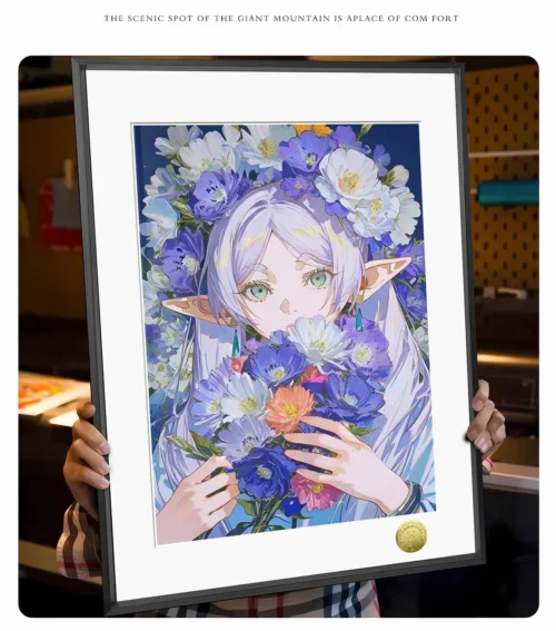 "Limited Edition Frieren art print, Frieren in blooming flowers. Exquisite details, premium frame from angles. Beyond Journey's End."