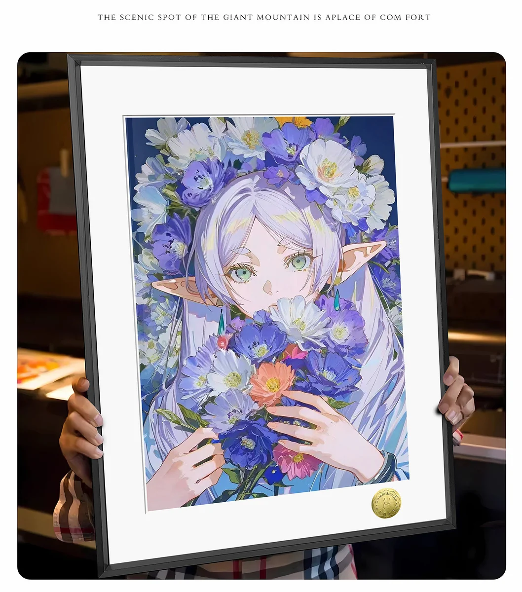 "Limited Edition Frieren art print, Frieren in blooming flowers. Exquisite details, premium frame from angles. Beyond Journey's End."