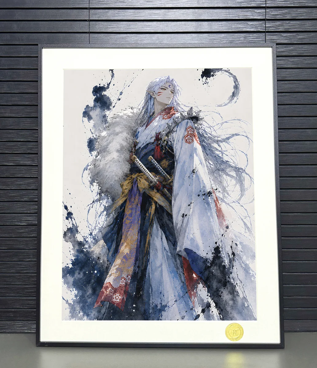 "Exclusive Sesshomaru Inuyasha painting by H-TWO Studio. Gallery views highlight elegant details, majestic pose, and formidable presence."