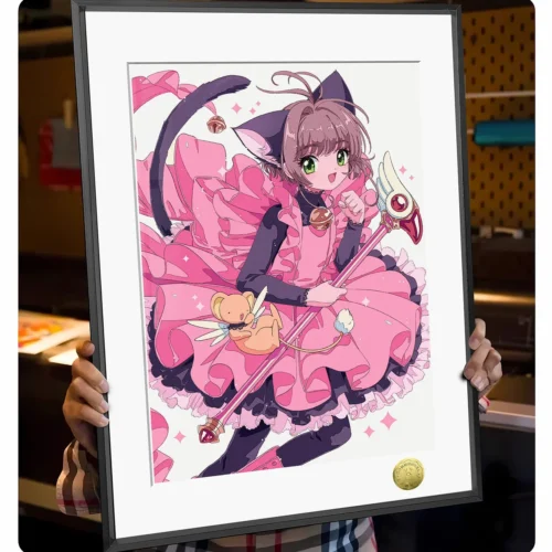 "Limited edition Cardcaptor Sakura Art Print: whimsical Sakura Kinomoto as a cat maid, shown in high-quality framed detail."