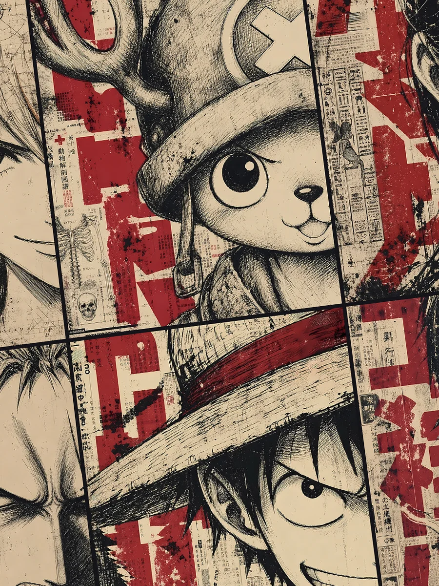 "Detailed view of the premium framed Celestial Line Art Straw Hat Pirates decorative painting, a limited edition One Piece art print."