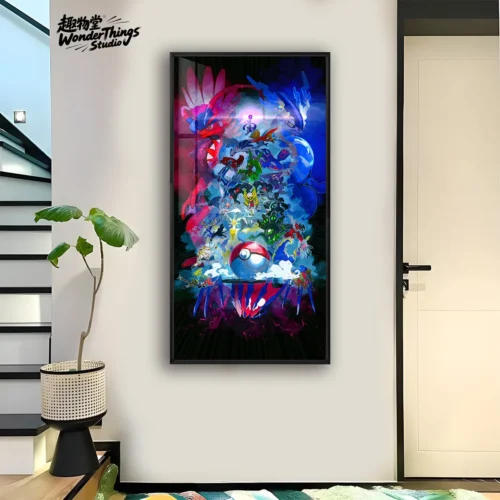 "Premium Legendary Pokémon Crystal Porcelain Wall Art, showcasing a vibrant dynamic battle scene from a unique angle with sleek framed details."