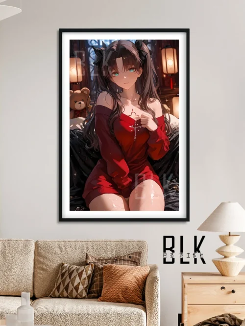 "Premium framed HD Rin Tohsaka Baroque decorative painting. Highlights dramatic artistry, vibrant red attire, and elegant frame details for Fate/stay."