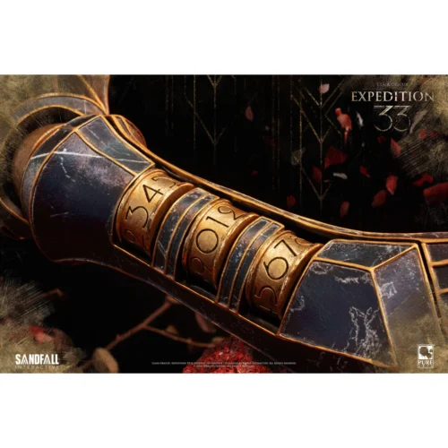 "Detailed views of the 1/1 life-size Clair Obscur Gustave's Arm statue by PureArts Studio, highlighting intricate mechanical-organic sculpted details."