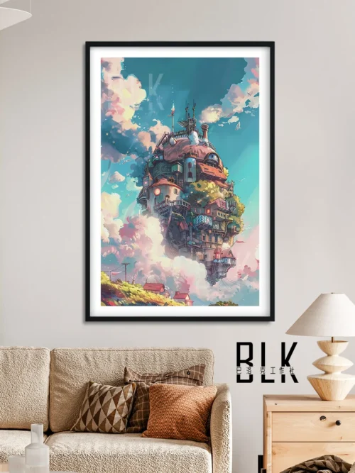 "Close-up of the enchanting Baroque Flying Moving Castle decorative painting, highlighting its vibrant Ghibli art details and premium ornate frame."