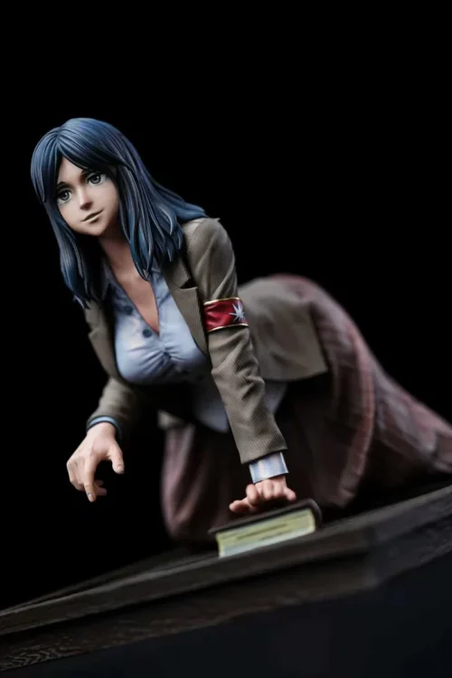 "Limited Edition 1/6 Pieck Attack on Titan statue. Exquisite detail of iconic Pieck in a contemplative pose on an elegant wooden base."