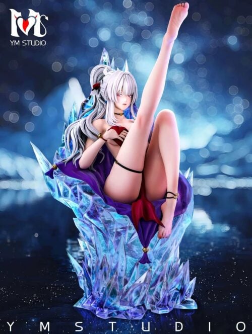 "Premium 1/6 Hixue YM Studio original resin statue, showcasing a seductive white-haired dark fantasy figure elegantly posed on a gothic skull throne."