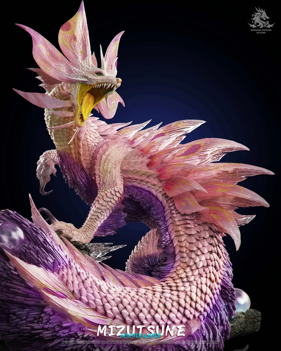 "Mizutsune Monster Hunter resin statue gallery. Limited edition, high-detail figure by Dragon Realm Studio, with dynamic bubble fox wyvern sculpting."