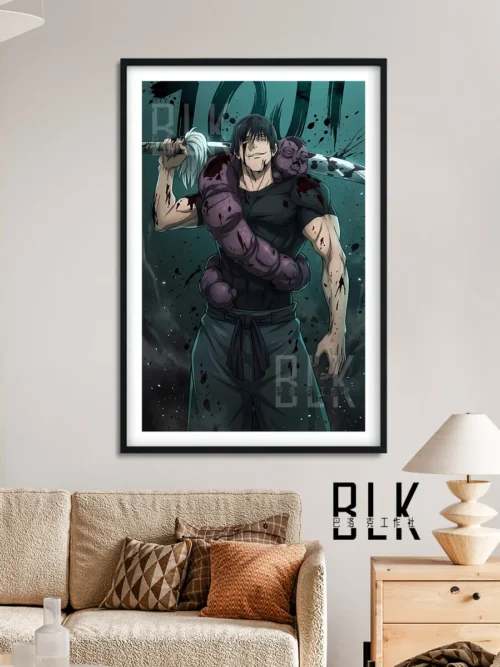 "Exquisite Baroque-style Toji Fushiguro Jujutsu Kaisen painting, with multiple views. This ornate wall art highlights dramatic details and vivid color."
