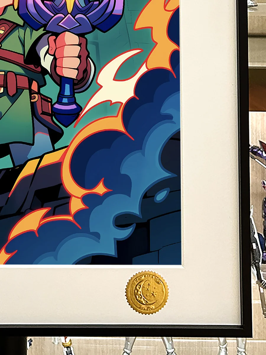 "Limited edition, hand-numbered Q-Version Link art print. Collector-grade Zelda Link print: whimsical Link, vibrant starry backdrop."