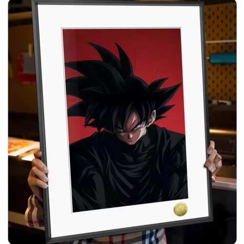 "Explore various angles of this Limited Edition Dragon Ball Goku Black framed art print, capturing the intense Super Saiyan Rose power."
