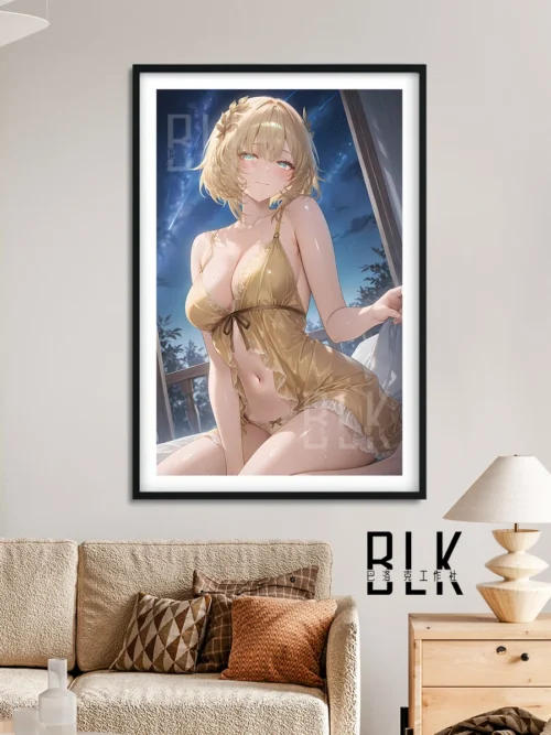 "Honkai Star Rail Acheron Baroque pajama portrait, a premium HD print with rich colors and elegant details, showcased in an artistic aluminum frame."