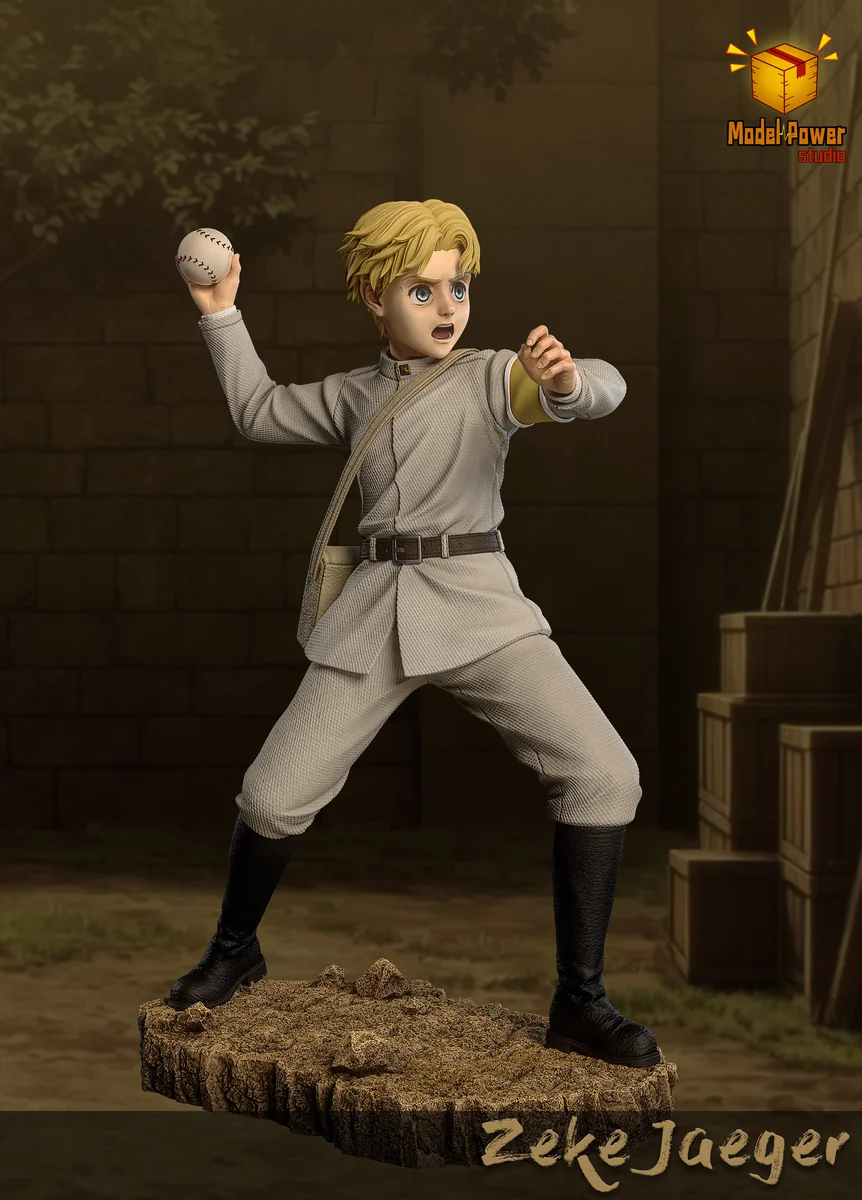 "Detailed gallery views of the Zeke Yeager Dual Form Attack on Titan resin statue, showcasing intricate adult and childhood forms."