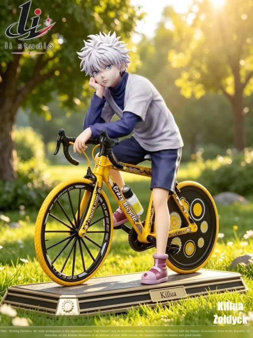 "Premium 1/6 scale Killua Zoldyck figure dynamically riding a detailed alloy bicycle, capturing his iconic speed. A limited edition Hunter x Hunter."
