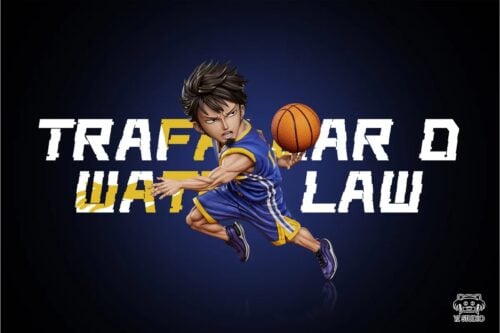 "Trafalgar Law Warriors Crossover One Piece figure gallery, highlighting dynamic sculpt details, intricate sports uniform, and multiple playful angles."