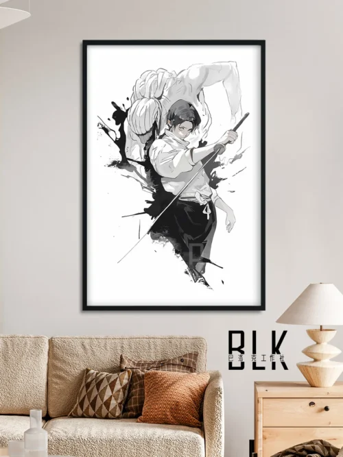 "Jujutsu Kaisen Yuta Okkotsu ink wash decorative painting. Detailed views highlight this unique Baroque Studio anime art decor, blending traditional."