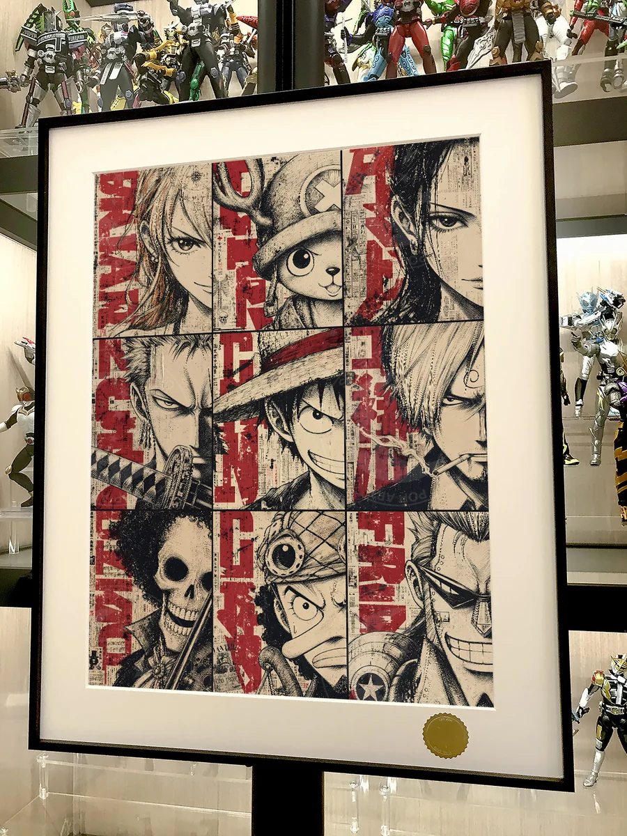 "Premium framed One Piece Celestial Line Art Straw Hat Pirates decorative painting, revealing intricate line art details and its limited edition."