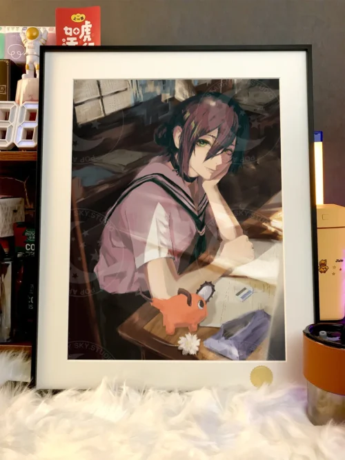 "Limited Edition, Hand-Numbered Chainsaw Man Reze Classroom Starry Night painting shows enigmatic Reze under a celestial sky."