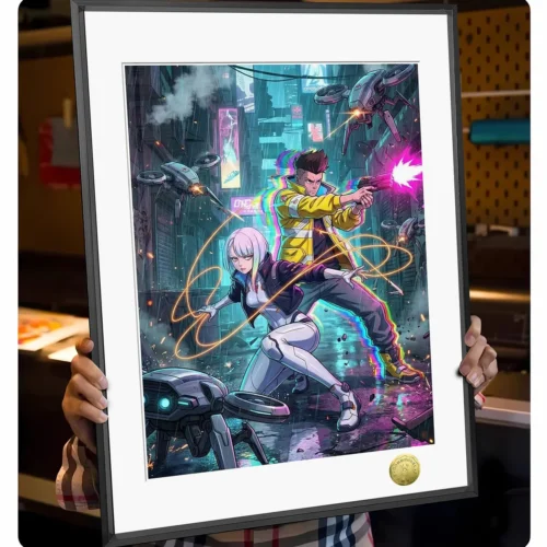 "Limited edition Cyberpunk Edgerunners art print. Detailed view of dynamic David and Lucy in a vibrant dystopian cityscape. Artistic A3/4K decorative."