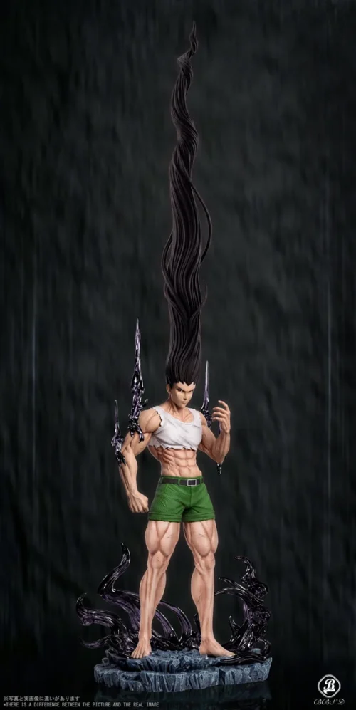 "Exclusive 1/6 Hunter x Hunter Blackened Gon statue. Towering, menacing, with long hair and power surge base, embodying ultimate rage."