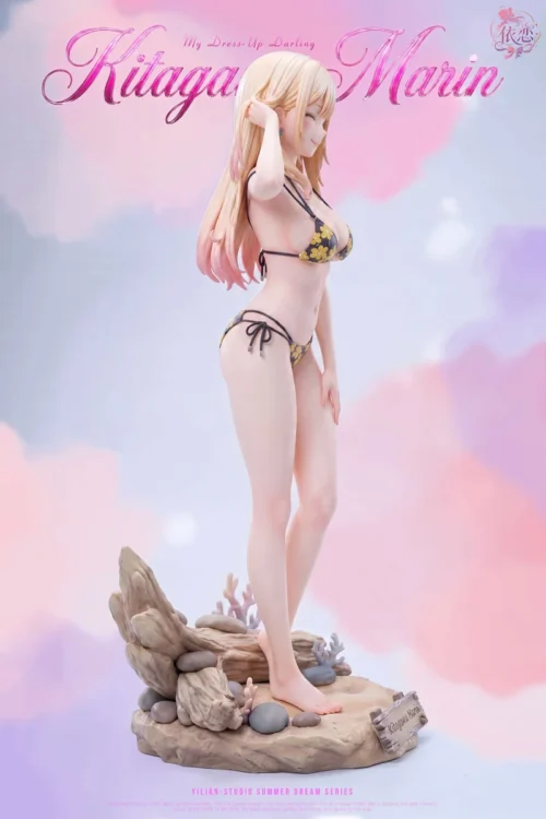 "Exclusive 1/6 Marin Kitagawa beach statue by Yilian Studio, showcasing dynamic swimsuit details, surfboard, and playful shark from various angles."