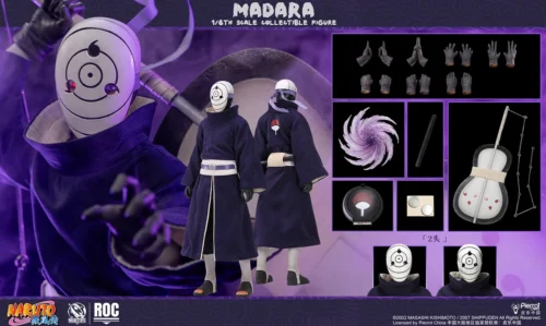 "Dynamic 1/6 Uchiha Madara White Mask articulated figure from Rocket Toys Studio, showcasing LED eyes and iconic Naruto Shippuden accessories."